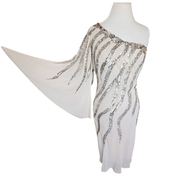 Alberto Makali Size 12 Cream One Shoulder Cocktail Dress Sequins Metallic NWT - Picture 1 of 15